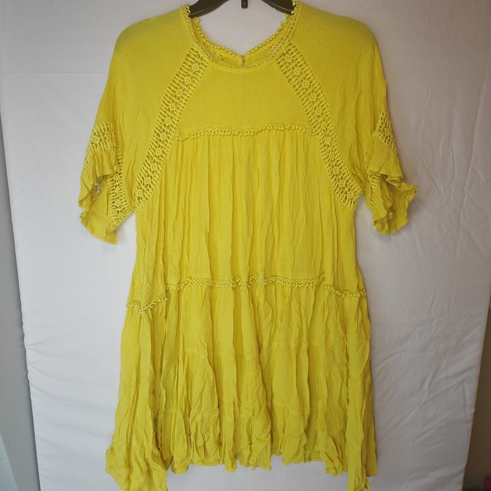 Patrons of Peace L Yellow Tiered Ruffle Crocheted Romantic Boho Dress